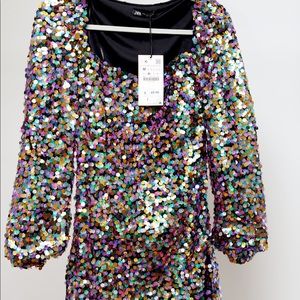 Zara Sequin Puff Sleeve Mini Dress (M)